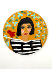 Original Mini Painting, round abstract  mini portrait, lady, bird, acrylic, 3.5" — photo 2