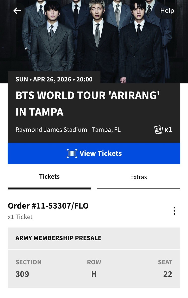 BTS World Tour 'Arirang' Tampa 4/26/2026 8:00 PM Raymond James Sec