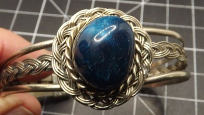 Silver Tone Braided Cuff Style Bracelet With Large Blue Tumbled Stone 17.3Grams
