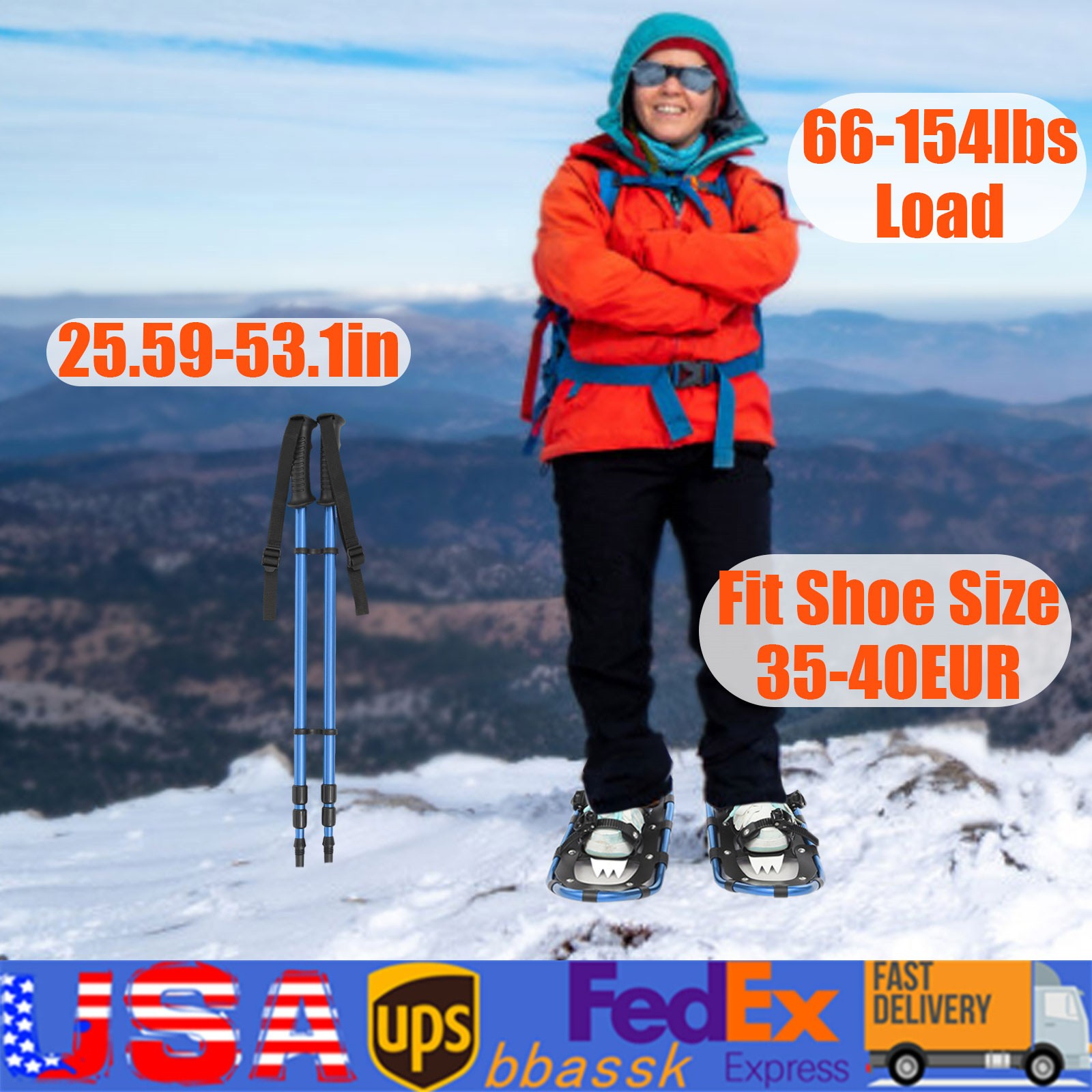 Raquetas de nieve de 21 pulgadas con bastones de trekking ajustables de 3 secciones para talla de zapato 35-40EUR