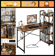55" Computer Desk with Power Outlet  USB Ports, Storage Shelves, Rustic Brown W