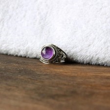 Sterling Silver-925 Natural Gemstone Round Amethyst Women Ring Vintage Boho Styl