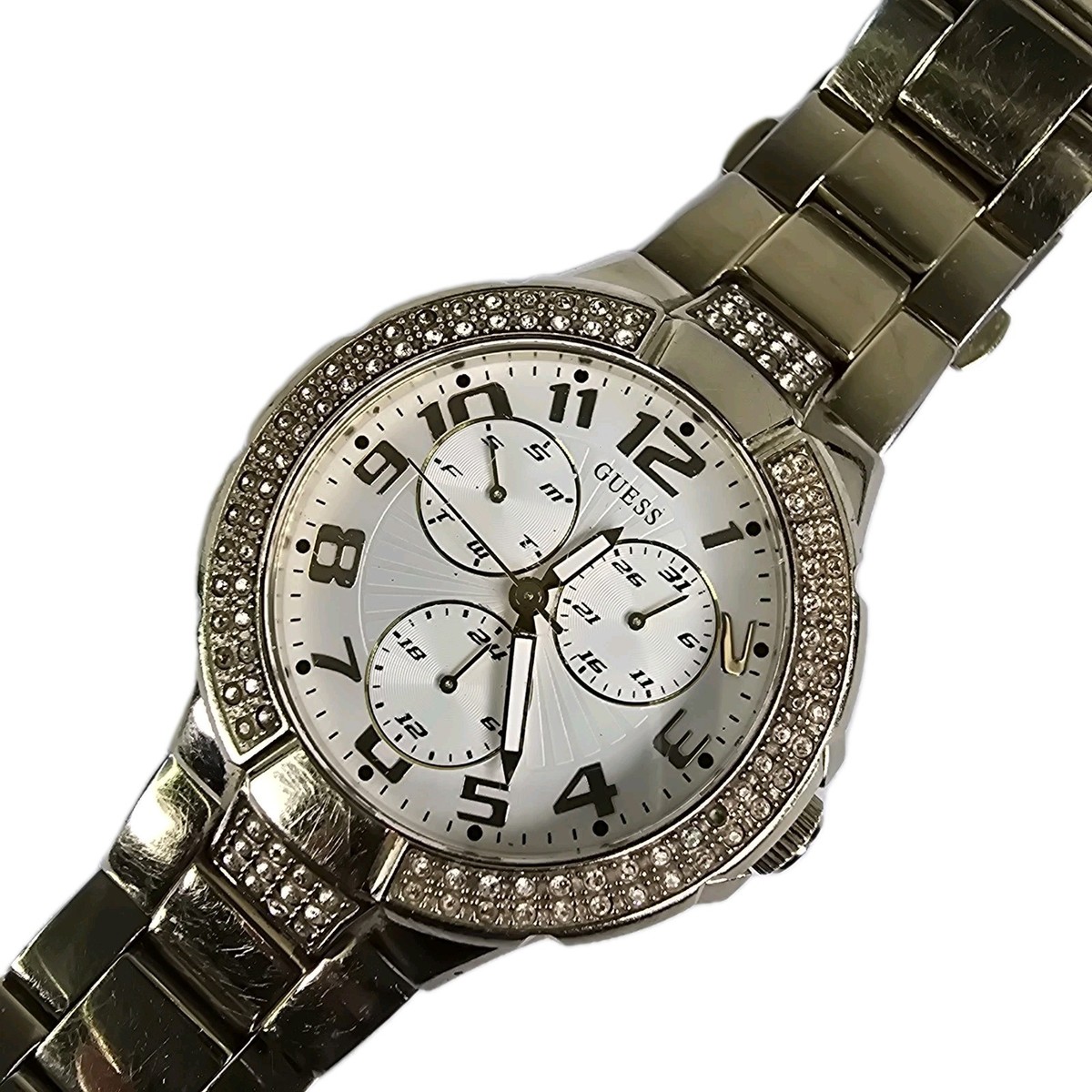 Guess Ladies Gold Chronograph Watch Diamante Bezel White 