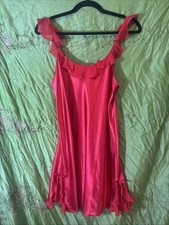 Morgan Taylor Intimates Slip Dress Red Satin Sheer Ruffles Bows Size Medium NWOT