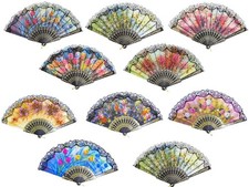10 Pack Vintage Spanish Floral Folding Hand Fan Sequin Fabric Folding Handheld