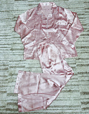 YX Pink Satin Button-Front Pajama Set Long Sleeve Collared Bow Trim Size L