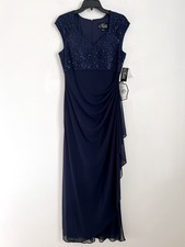 Alex Evenings Womens 8 Lace Bodice Cap Sleeve Ruched Gown In Navy