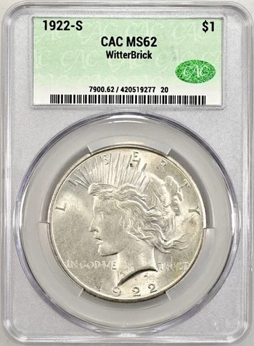 1922 S PEACE SILVER DOLLAR CACG MS62 WITTERBRICK