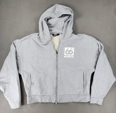 66 North Thoka Full Zip Hoodie Womens Sz M Boxy Cropped Gray Flocked Logo