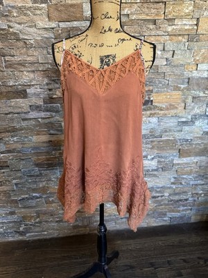 Buckle Rust Orange Flowy Lace Trim Trapeze Tank Med Boho Hippie Festival