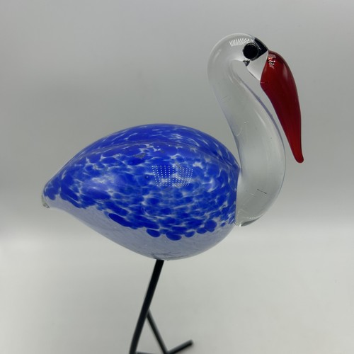 Pair Art Glass Whimsical Birds Hand Blown Iron Metal Leg Art Decor Blue 12" Read - Picture 4 of 10