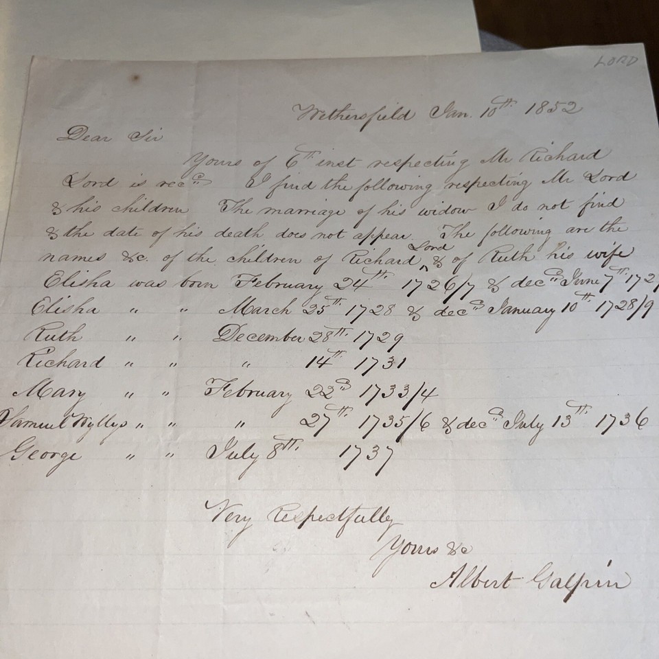 1852 Letter to Hartford CT Genealogist: Richard & Ruth Lord Family ...