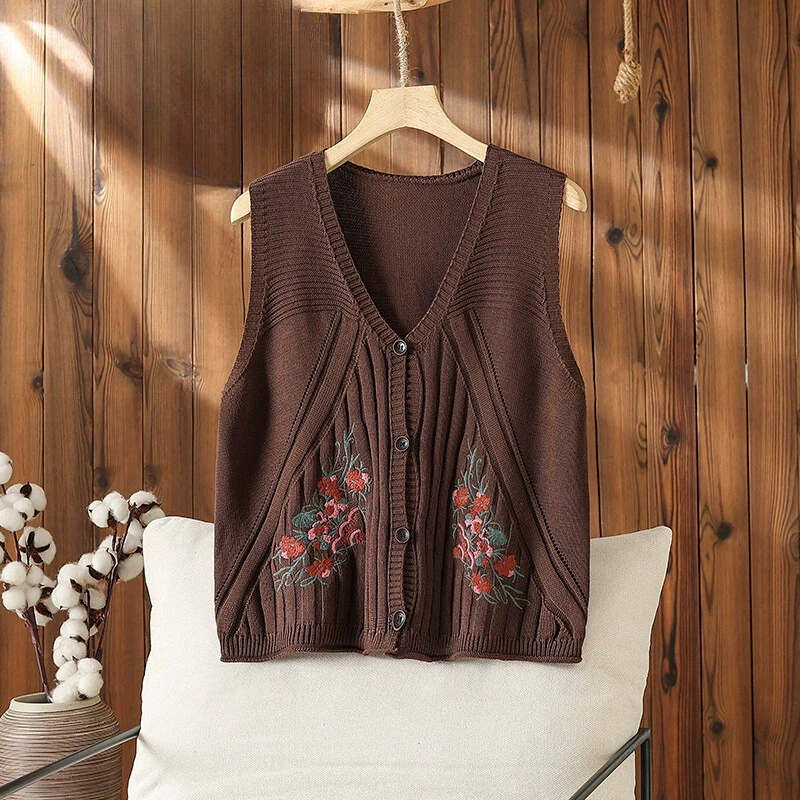 Gilet Sans Manches En Tricot Brodé Pour Femmes À Col En V Ethnique - Photo 3/4