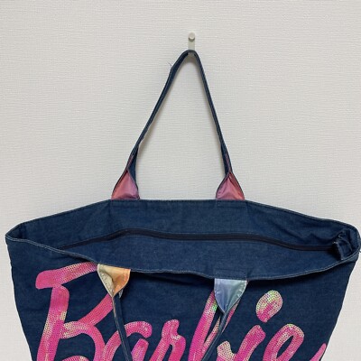 Barbie Sequin Big Iconic Denim Tote Bag Blue Zipper Cute Woman