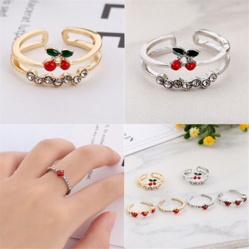 Finger Rings Red Strawberry Girls Gifts Sweet Fruit Adjustable Rhinestones - Picture 1 of 12