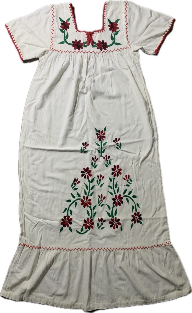 Vintage Antique Mexican Red Floral Embroidered Cotton Dress Peasant Sundress
