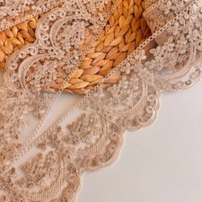 Beige Alencon Lace Trim Cord Lace Fabric Embroidered Scalloped Border Floral