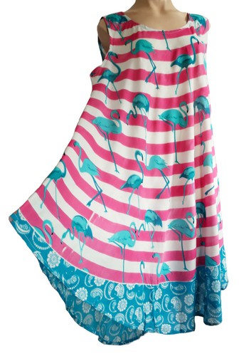 Sommer Viskose Gestreift Kleid Mit Flomingo Freie Größe UK 14 Sich 18 Pink/Blau - Bild 2 von 9
