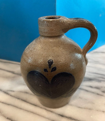 Rockdale Union Pottery Salt Glazed 5 1/2 inch Jug w/handle  with heart, flower
