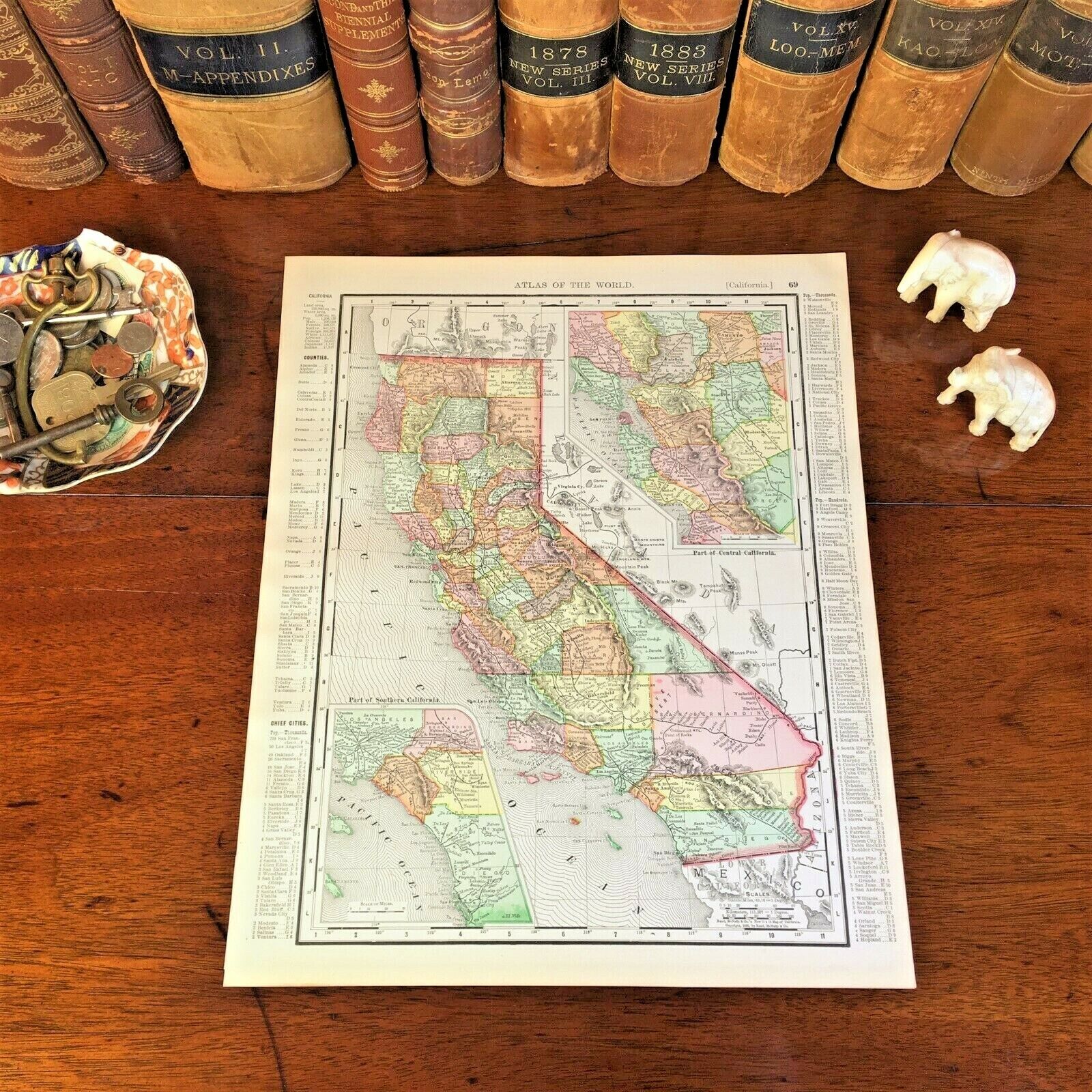 Large Original 1898 Antique Map CALIFORNIA San Francisco Riverside Fresno Irvine
