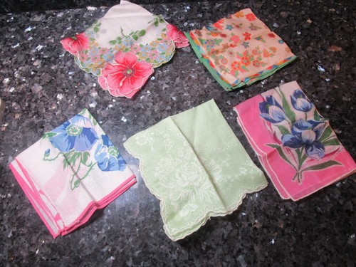 Lot of 5 Shades Of Green Vintage Handkerchiefs, Hankies Lot 1