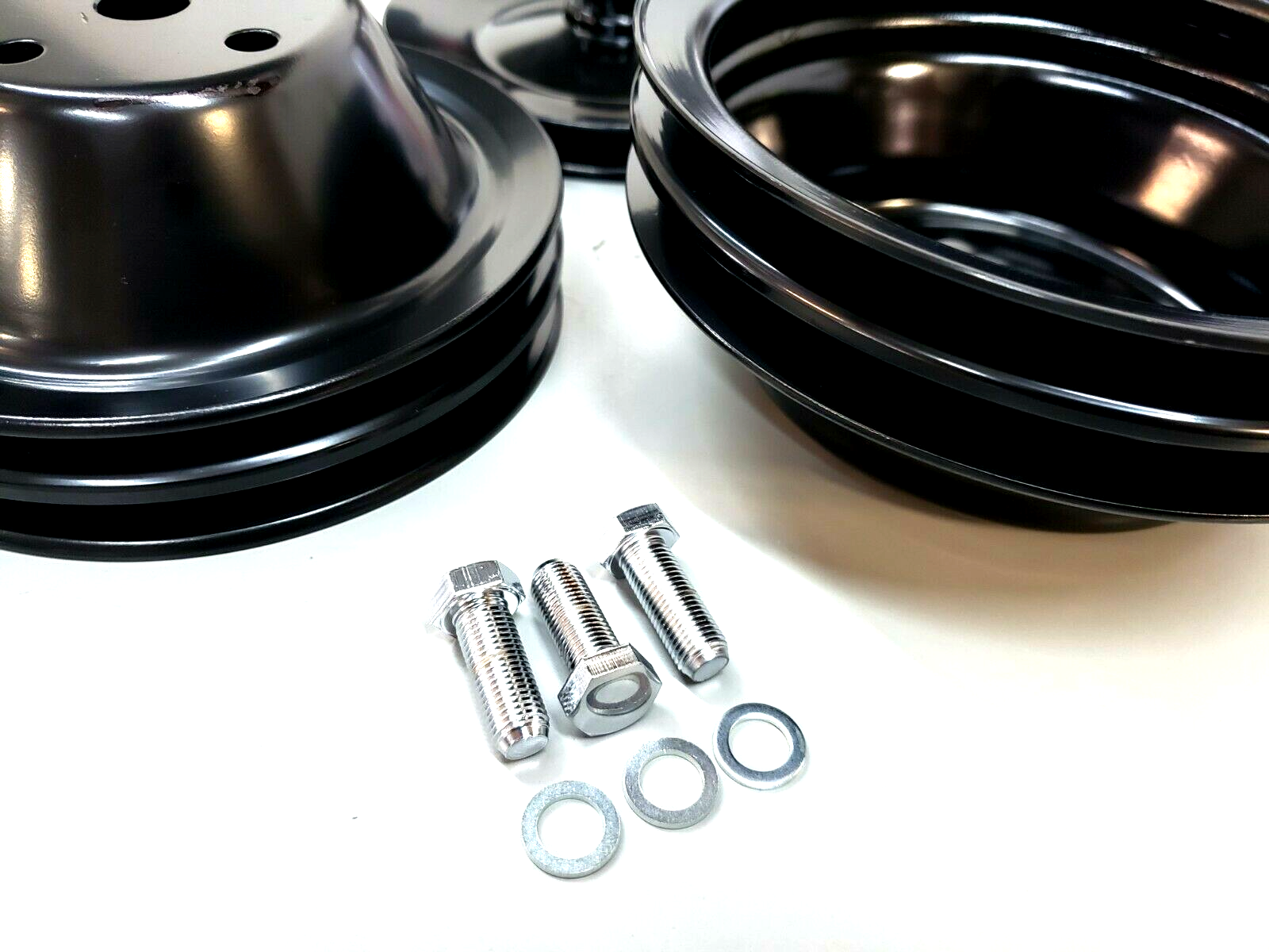 SBC Small Block Chevy 2 Groove Black Steel Long Water Pump Pulley Kit