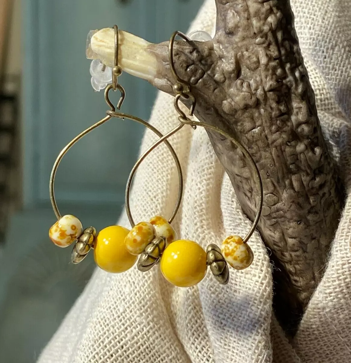 Mustard Yellow Gold Bronze Wine Hoop Dangle Drop Earrings. 1 3 4