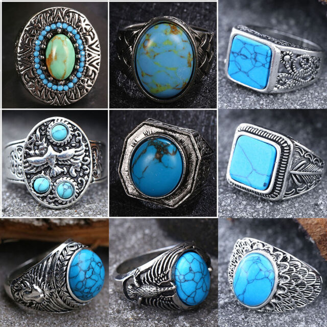 Vintage Turquoise Ring 925 Silver Retro Flower BoHo Jewelry for Women Men Gift