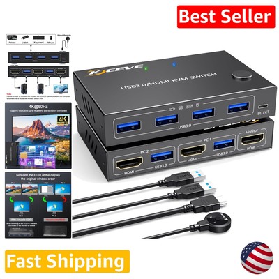 2 Port HDMI KVM Switch - Share Keyboard, Mouse & Monitor - 4K@60Hz - USB 3.0