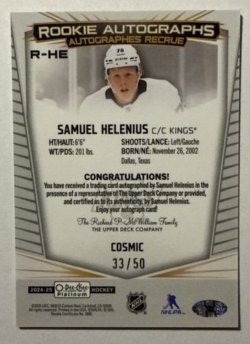 SAMUEL HELENIUS 2023-24 UD OPC Platinum AUTO Rookie /35 Cosmic Autographs RC SP - Picture 2 of 2