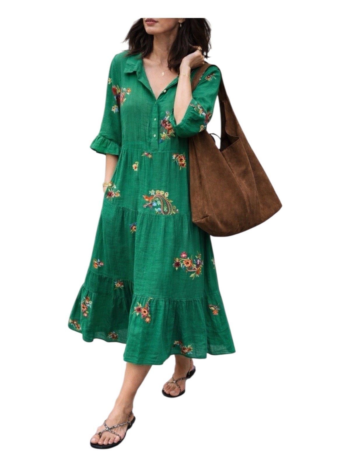 Anthropologie Fig & Flower Embroidered Green Tiered Boho Size L