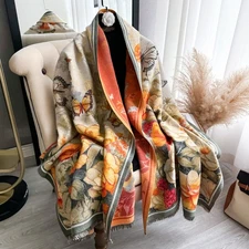 Reversible Floral Butterfly Shawl Scarf Wrap Jacquard Knit Wool Blend Scarves
