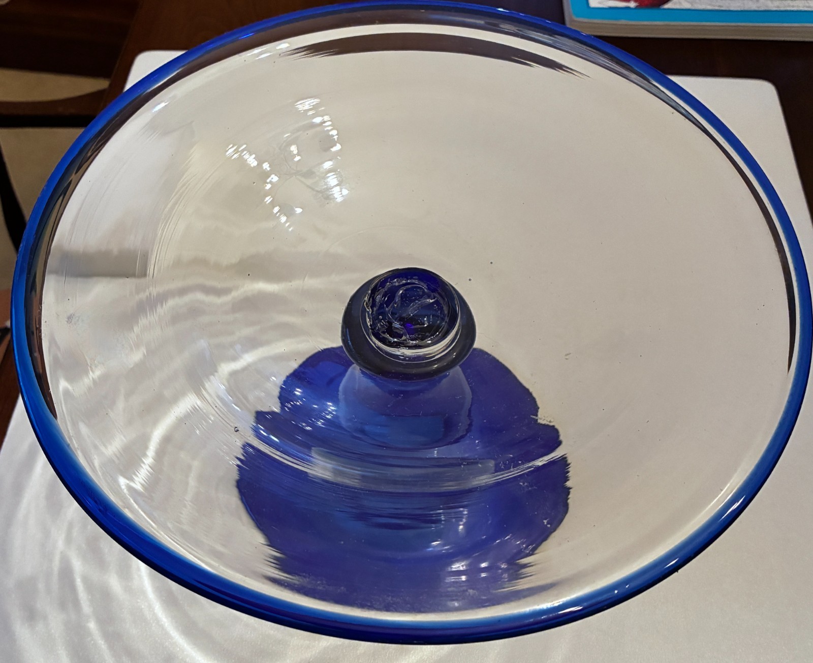 blown  glass centerpiece bowl  Blue hollow bubble pedestal & Blue rim 10.75"