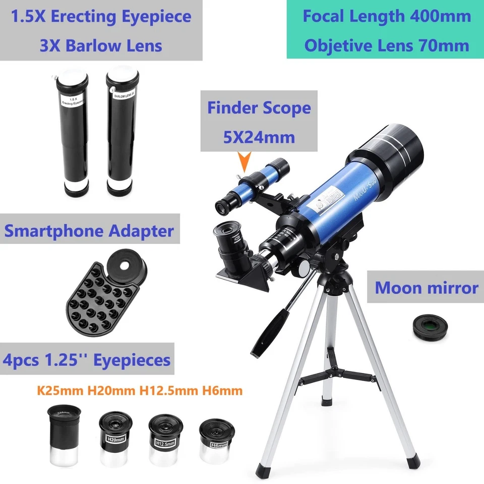 MaxUSee F400X70MM Kids Refractor Telescope Aluminum Tripod 1.25" Moon Filter  - Image 2 of 4