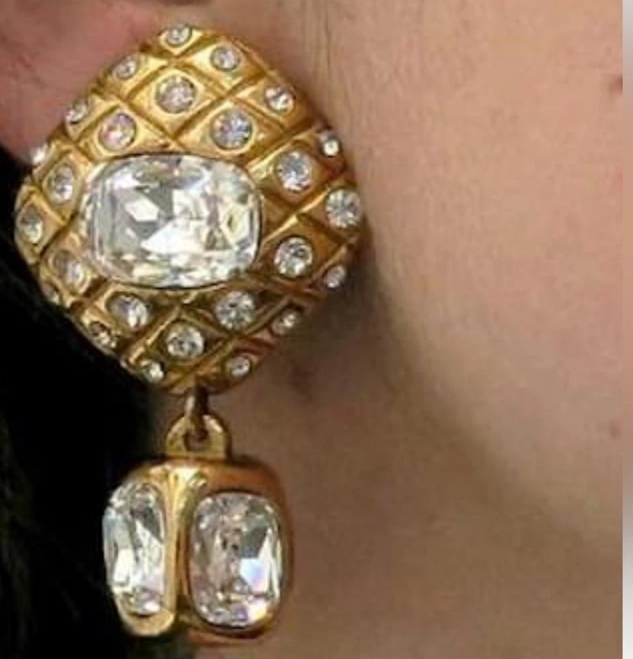 Authentic Chanel Gold Clip on Dangle Rhinestone Earrings 80’s Era Includes COA - Image 4 of 4