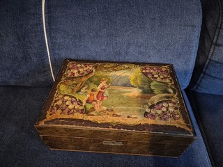 19th Century Victorian Mirrored Jewelry Wooden Box with Serigraph Top & Mirror