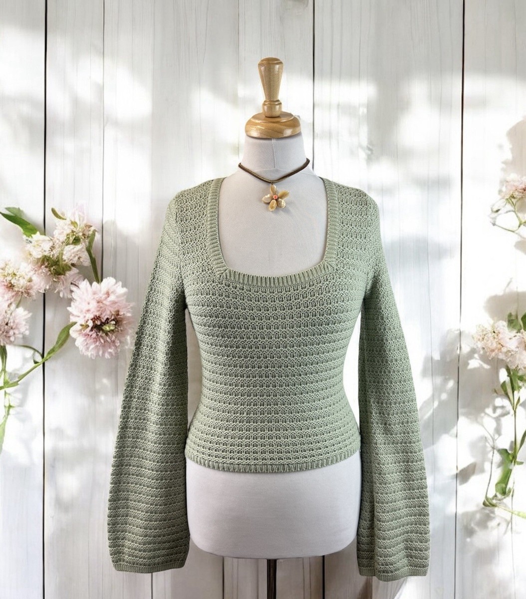 Sage Green Crop Knit Sweater Top Tie Back Boho Summer Cottagecore