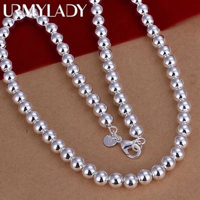 925 Sterling Silver Smooth Beads Ball Chain Necklace For Womens Mens