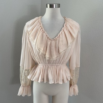 NEW Caroline Constas Blouse Womens Small Pink Ruffle Lace Peplum Sheer Boho Top