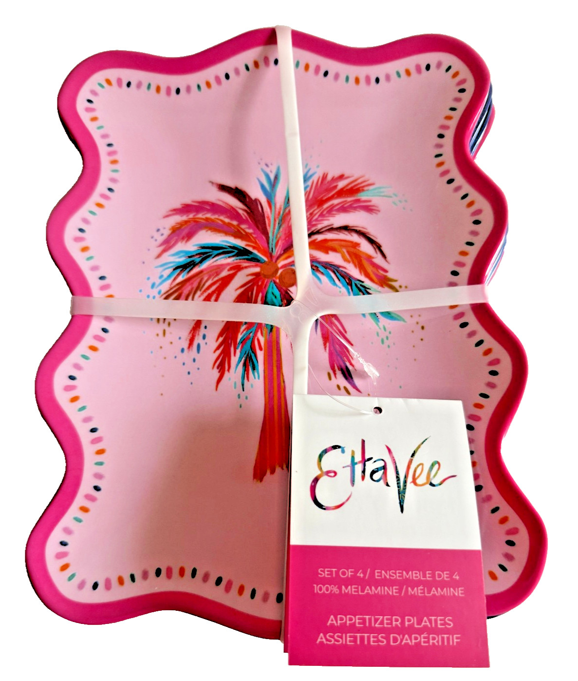 Etta Vee Tropical Palm Tree Melamine Plates Set Of 4 App Salad Serving Pink Blue