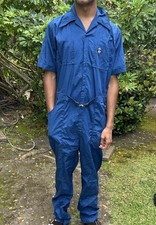 Vintage Para Suit M Zip Up Leisure Jumpsuit Uniform Disco Blue Coveralls