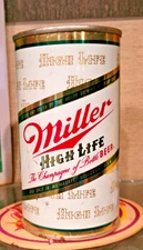 INDOOR 1950S  WHITE MILLER STEEL FLAT TOP CAN MILWAUKEE WISCONSIN KEGLINED