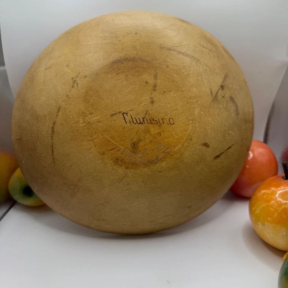 Wooden Dough Bowl with Alabaster Stone Fruit Still Life Farmhouse Decor - Image 4 of 4