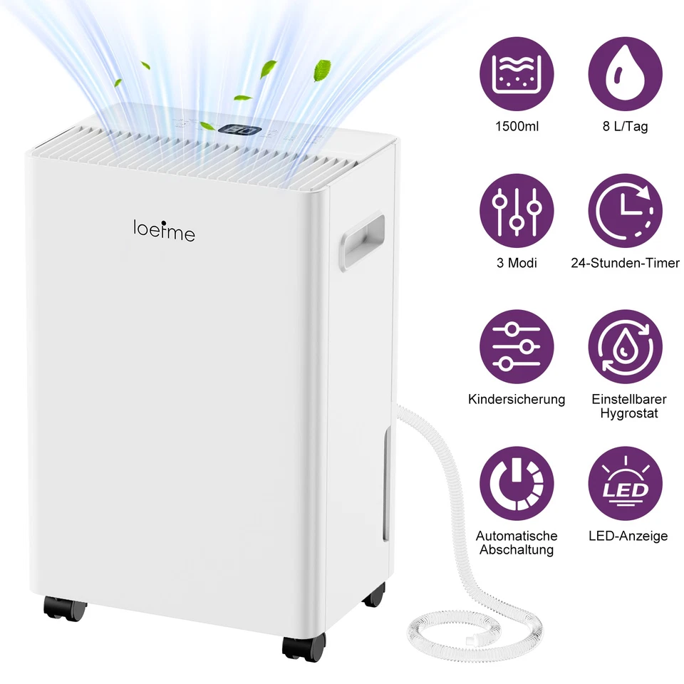 Luftentfeuchter Elektrisch 8L Tragbarer Für Wohnraum, Badezimmer, Keller Timer