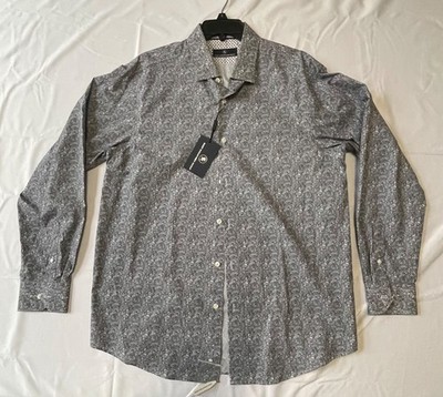 Hart Schaffner Marx Men Long-Sleeve Paisley Shirt S Large Button Up Navy & White