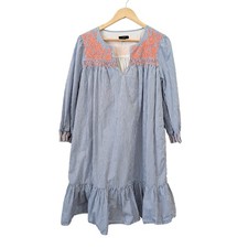 J.Crew Blue White Striped Embroidered Ruffle Popover Dress Womens M Coastal Prep