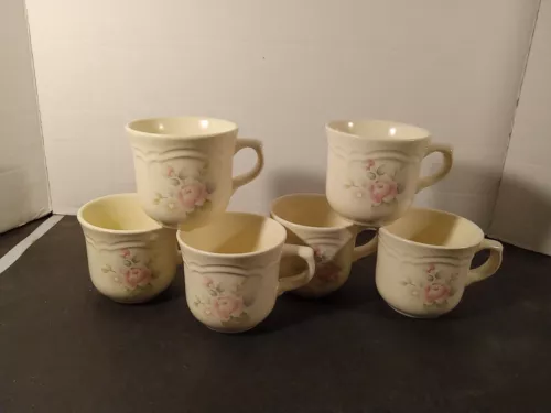 Set Of 6 Pfaltzgraff Tea Rose Pattern, Stoneware, 8 Oz Coffee Mugs Tea Cups