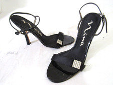 Nina Formal Black Satin Diamond Crystal Open Toe High Heel Pump Shoe Size 9M