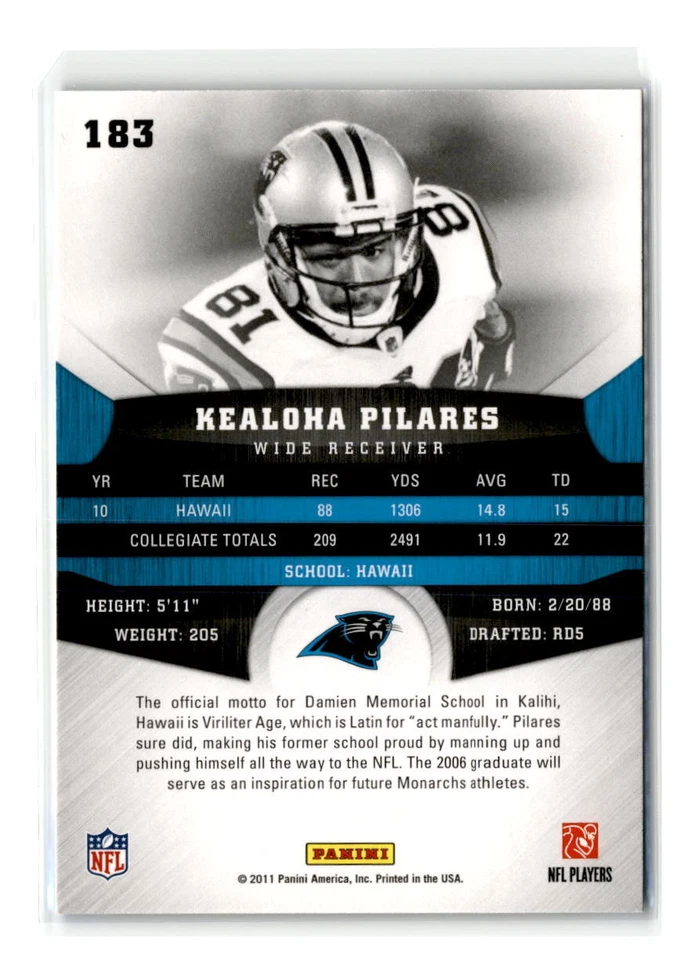 2011-Panini Gridiron Gear -#183-Kealoha Pilares RC-Carolina Panthers - Image 2 of 2
