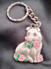 I LOVE PIGS VINTAGE RADCLIFFE PEWTER VTG 1988 KEYCHAIN PINK FLORAL FARM ANIMAL